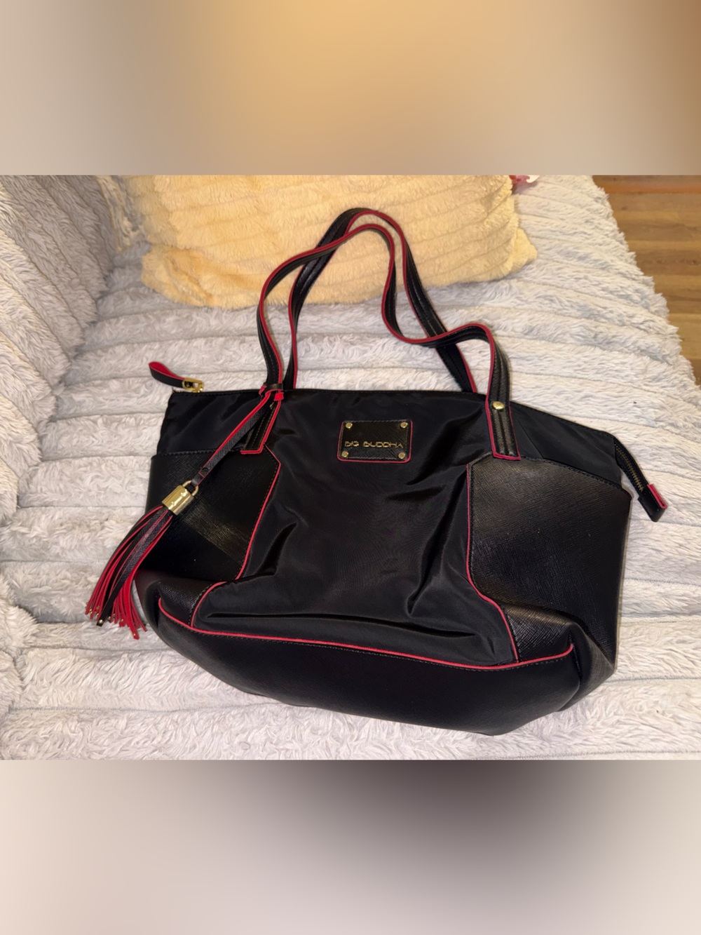 Big Buddha Black Tote with Red Trim and Tassel